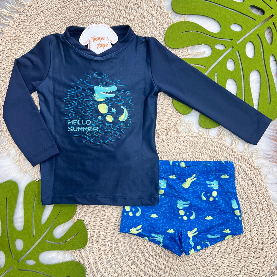 Linha Praia Blusa M/L e Sunga Hello Summer Jacaré - Marinho